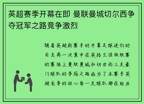 英超赛季开幕在即 曼联曼城切尔西争夺冠军之路竞争激烈